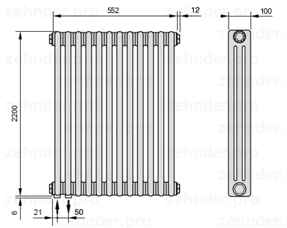 Схема (чертеж) Радиатор Zehnder Charleston 3220/12 №3370 Белый глянцевый RAL 9016